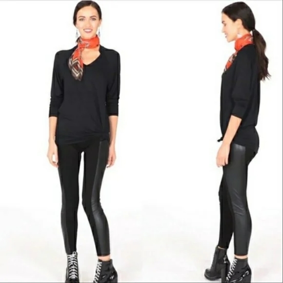 CAbi Pants - Black Top and Leather Leggings with Red Scarf